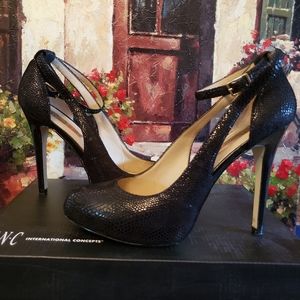 INC "Lucy" Black, ankle strap high heels sz 6.5